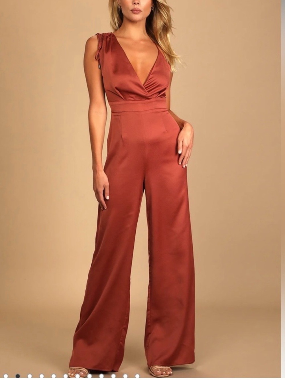 Lulu's Rust Satin V-Neck Wide-Leg Tie-Shoulder Jumpsuit
